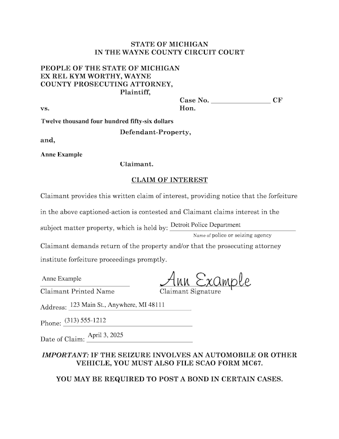 Sample Form Claim of Interest Forfeiture Case