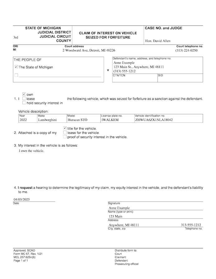 Sample SCAO MC67 Vehicle Seizure Form