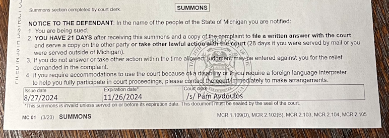 A typical Michigan summons that start a typical civil case